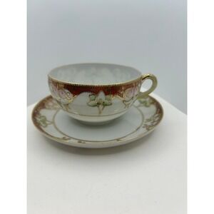 Vintage Hand Painted Nippon Tea Cup and Saucer Moriage Red Gold Floral Porcelain